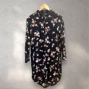 Forever 21 Women's Floral Tunic Dress Long Sleeve Button Up Casual Black | Small